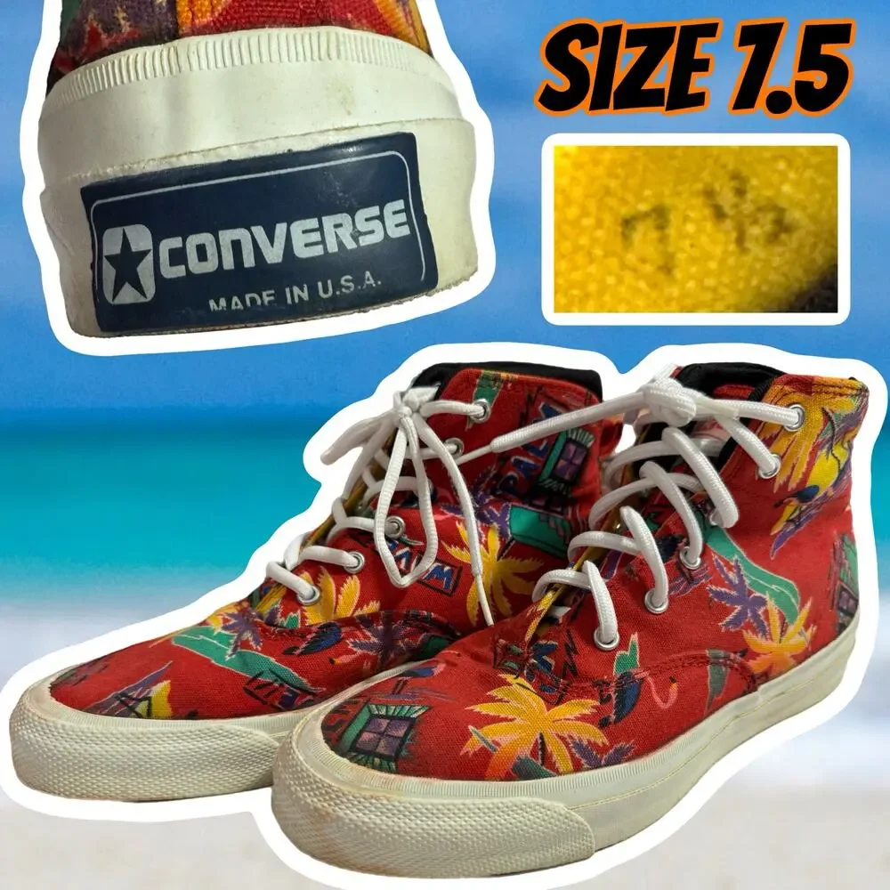 Vintage 1980s Converse Skidgrip Rare Tropical Print Made in USA 7.5 Funky Retro